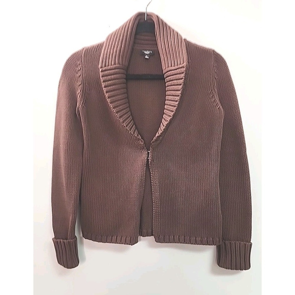 Talbots Womens P Brown Collar Cardigan Sweater 100% Cotton Minimalist Preppy